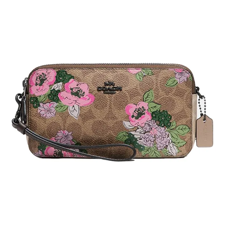 COACH Kira Leather PVC Crossbody Wrist Bag Pochette Women's Khaki Monogram-0