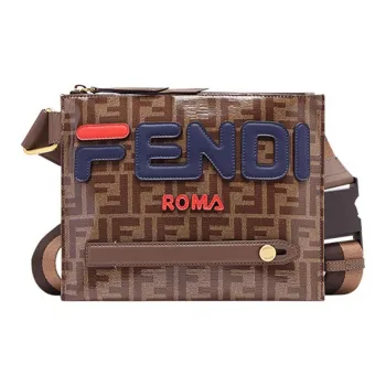FENDI FILA Collaboration Coated Canvas With Leather Shoulder Bag, Crossbody Bag Men's Brown & Blue Red
