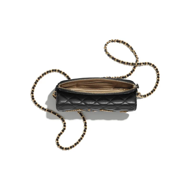 CHANEL Lambskin Chain Crossbody Cell Phone Pouch Women's Black & Gold-3