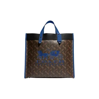 COACH Field Canvas With Leather Tote Bag Shopping Bag Handbag Crossbody Bag Large Size Unisex Dark Brown & Blue