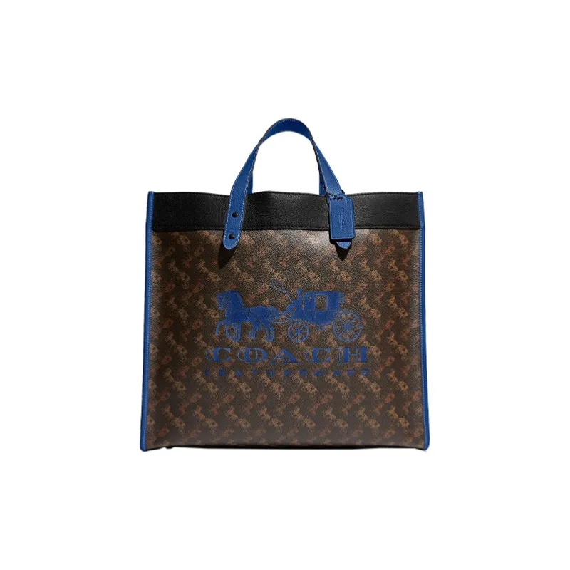 COACH Field Canvas With Leather Tote Bag, Shopping Bag, Handbag, Crossbody Bag Tubas Men's Dark Brown & Blue-0