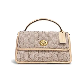 COACH Turnlock Cotton With Cow Leather Handbag Crossbody Bag Shoulder Bag Small Size Women's Stone Gray Ivory White