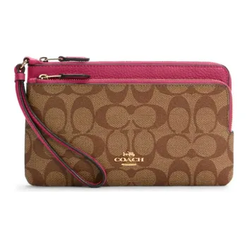 COACH Double Zip Wallet Canvas/Leather Wallet Medium Size Women's Pink, Brown & Multicolor