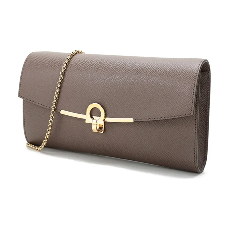FERRAGAMO GANCINI Cow Leather Shoulder Bag, Clutch Handbag, Shoulder Bag Women's Gray Brown-1