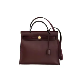 HERMES Herbag Zip Berline Canvas And Hunter Cow Leather Shoulder Bag Crossbody Bag Handbag Unisex Saddle Red