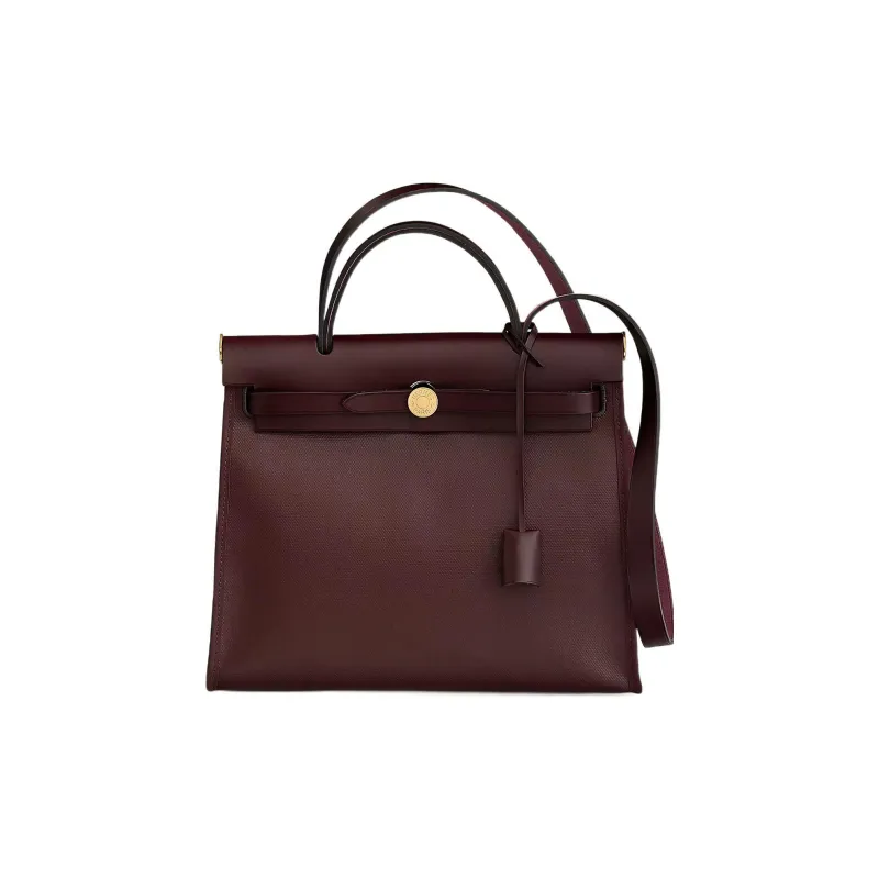 HERMES Herbag Zip Berline Canvas And Hunter Cow Leather Shoulder Bag Crossbody Bag Handbag Unisex Saddle Red-0