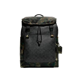 COACH Coated Canvas With Soft Pebbled Leather Backpack Large Size Men's Black Monogram With Camouflage