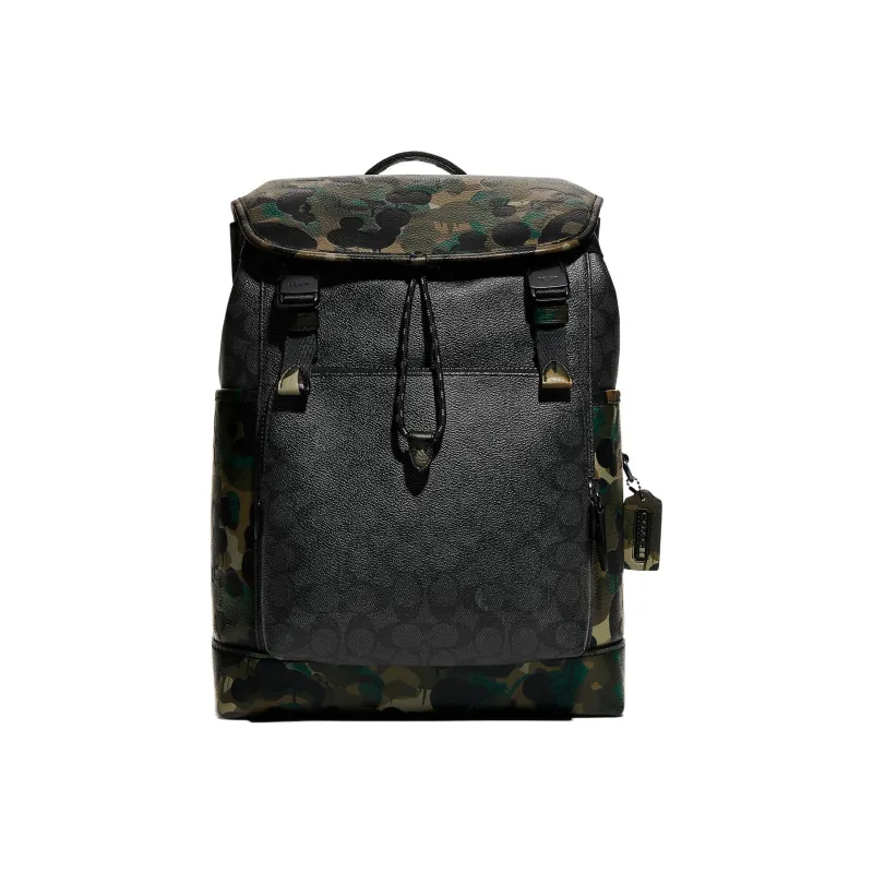 COACH Coated Canvas With Soft Pebbled Leather Backpack Large Size Men's Black Monogram With Camouflage-0