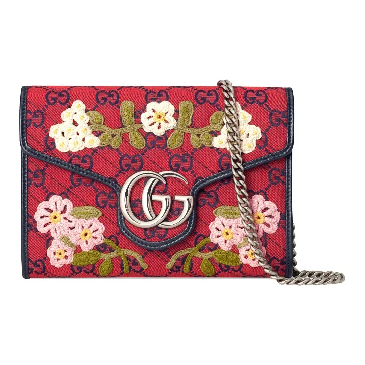 GUCCI GG Marmont Multicolor Leather Trim Quilting Canvas Chain Wallet Shoulder Bag Crossbody Bag Mini Women's Red/Blue-0