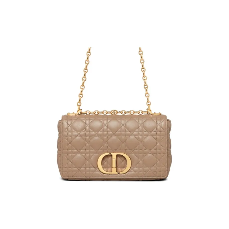 DIOR Caro Wicker Pattern Cow Leather Shoulder Bag Crossbody Bag Medium Size Women's Warm Taupe Gray-3