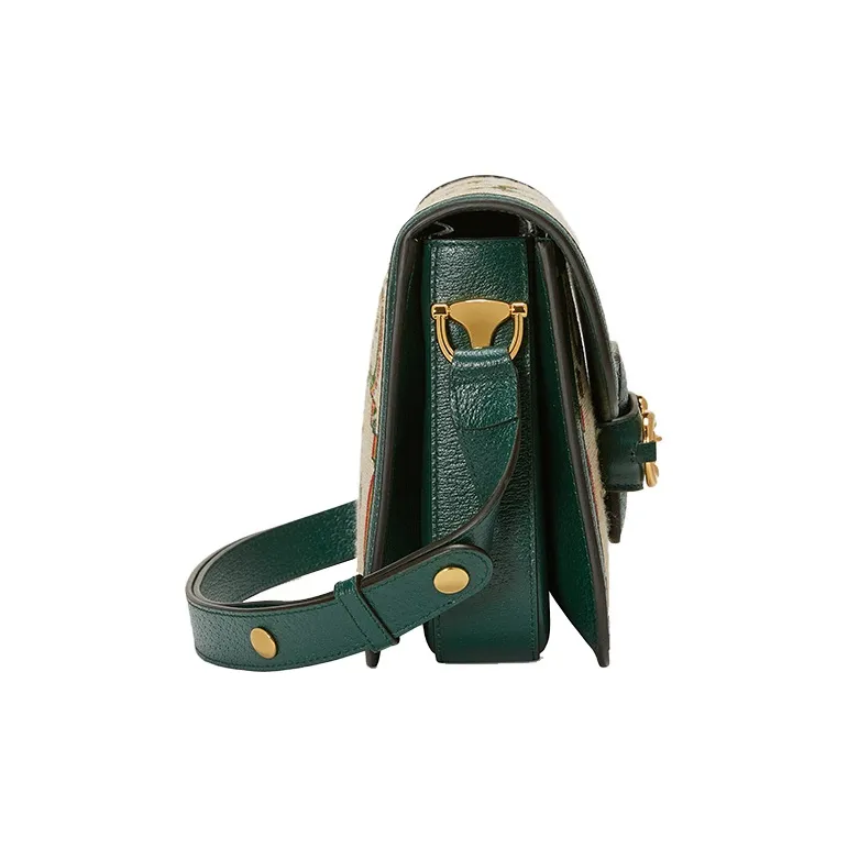 GUCCI Horsebit 1955 Jacquard With Leather Saddle Bag, Shoulder Bag, Crossbody Bag Trumpets Unisex Beige/Green-2