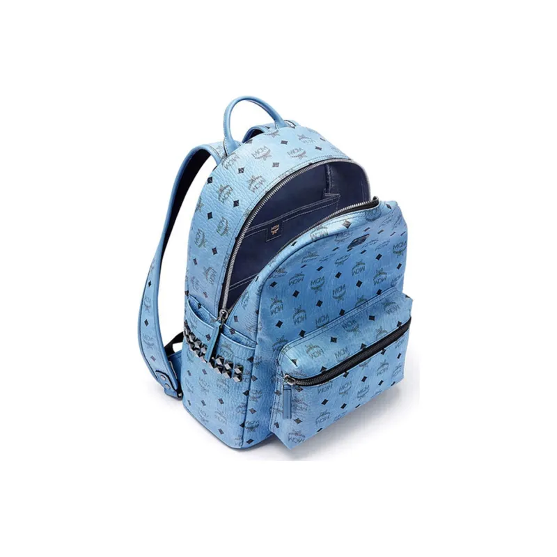 MCM Stark Visetos PVC Backpack Medium Size Women's Blue-4