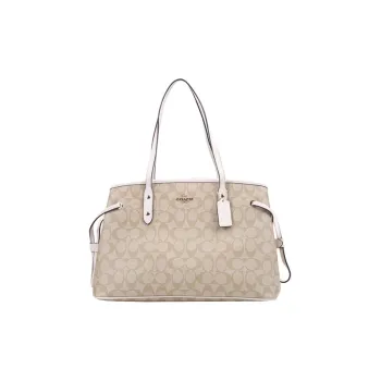 COACH Drawstring Leather Tote Women's Khaki Monogram