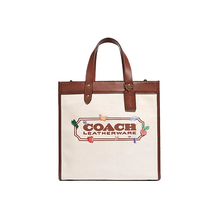 COACH Cow Leather Tote Bag Shopping Bag Shoulder Bag Crossbody Bag Handbag Large Size Women's Red Brown & Ecru-0