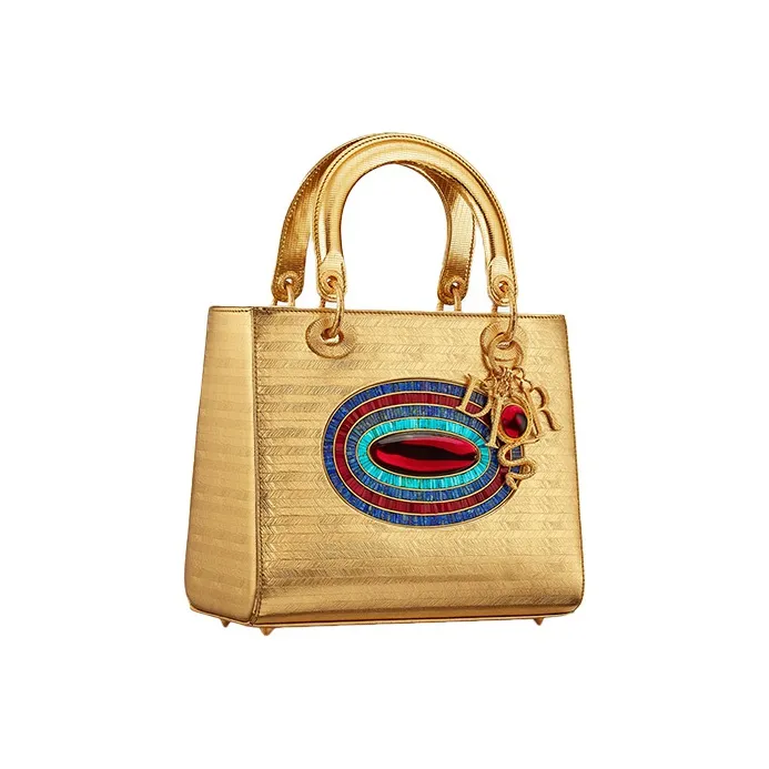 DIOR Lady Dior Cow Leather With Stone Inlay Handbags Shoulder Bag Crossbody Bag Medium Size Women's Gold-1