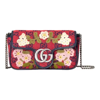 GUCCI Marmont Multicolor Leather Trim, Embroidered Canvas Chain Shoulder Bag, Crossbody Bag Mini Women's Red/Dark Blue