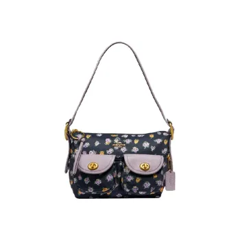 COACH Cargo Nylon Fabric Handbag Shoulder Bag Women's Black With Purple Print