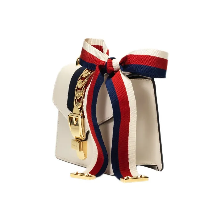GUCCI Sylvie Leather Shoulder Bag, Crossbody Bag Mini Women's White-1