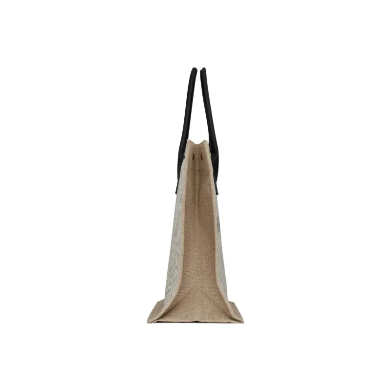 SAINT LAURENT Rive Gauche Fabric With Cow Leather Tote Bag, Shopping Bag, Handbag Unisex Cream Gray/Black-3