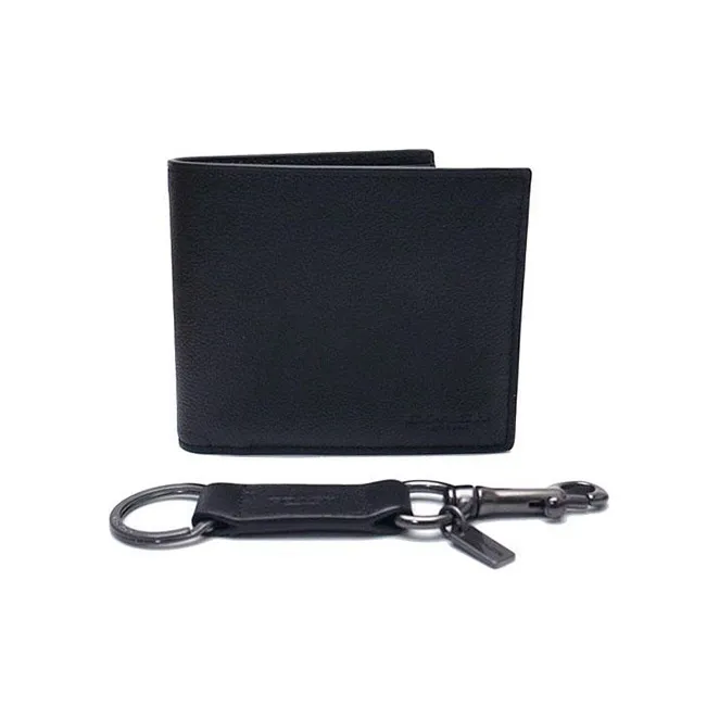 COACH Compact Calfskin Card Holder Wallet Men's Black-1