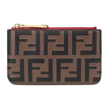FENDI Calfskin Coin Purse Card Holder Clutch Wallet Women's Red Brown