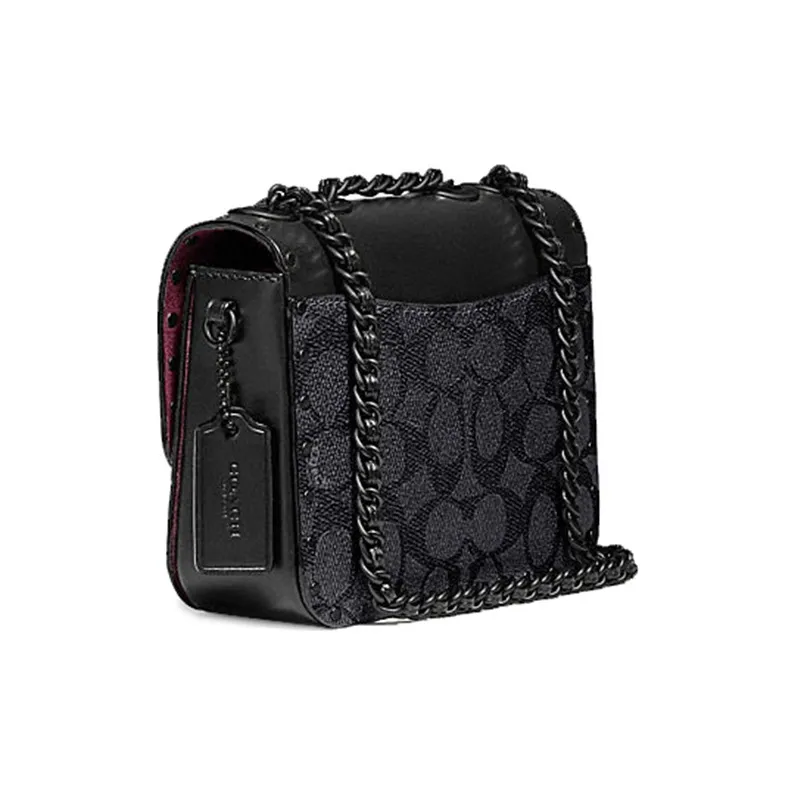COACH Calfskin Leather Small Square Bag, Crossbody Bag, Shoulder Bag Women's Black Monogram-2