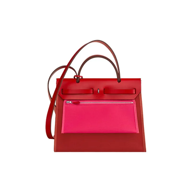 HERMES Herbag Canvas Cowhide Handbag Shoulder Bag Crossbody Bag Women's Red/Woodland Pink-2