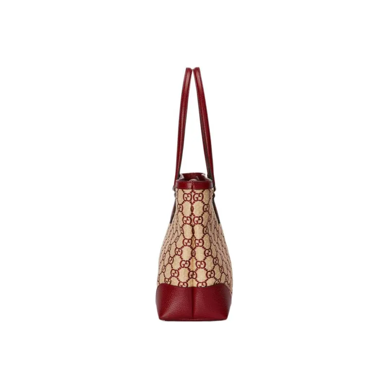 GUCCI Ophidia Denim With Leather Tote Bag Shopping Bag Handbag Shoulder Bag Medium Size Women's Burgundy/Beige Yellow-2