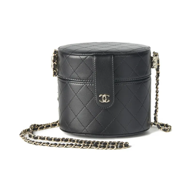 CHANEL Sheepskin Cylinder Bag, Makeup Bag, Shoulder Bag, Crossbody Bag Medium Size Women's Black-0