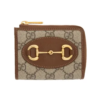 GUCCI Horsebit 1955 Canvas With Leather Card Holder Wallet Women's Ebony/Brown