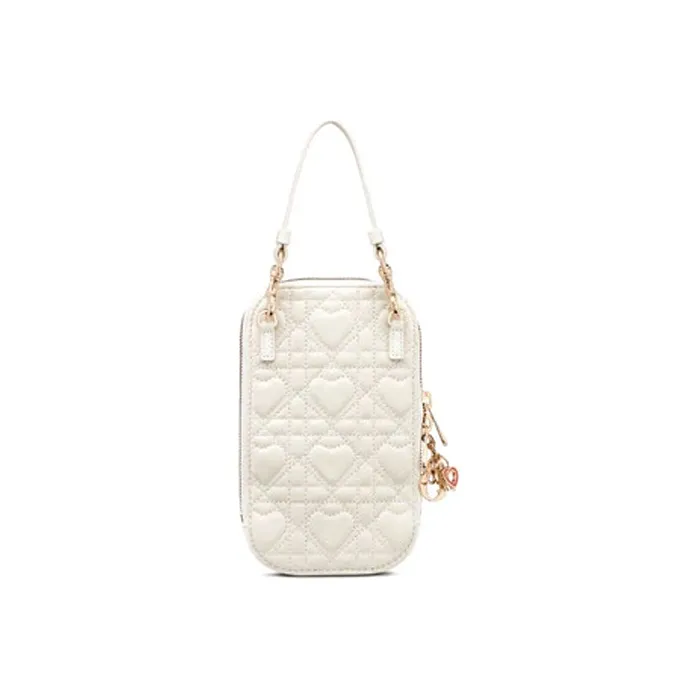 DIOR Lady Dior Sheepskin One Shoulder Crossbody Cell Phone Pouch Women's White-2
