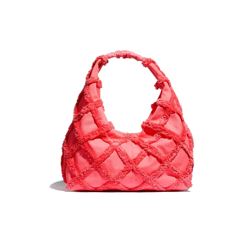 CHANEL Cotton Canvas With Calfskin HOBO Shoulder Bag Tubas Women's Coral-1