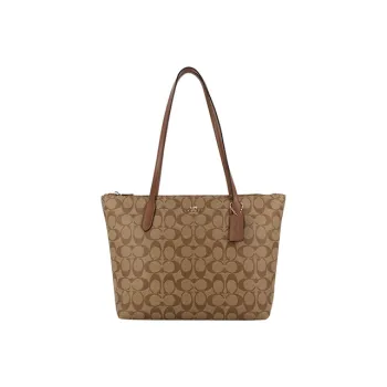 COACH Zip Top Tote Canvas With Leather Tote Bag Shopping Bag Shoulder Bags Large Size Women's Brown Monogram