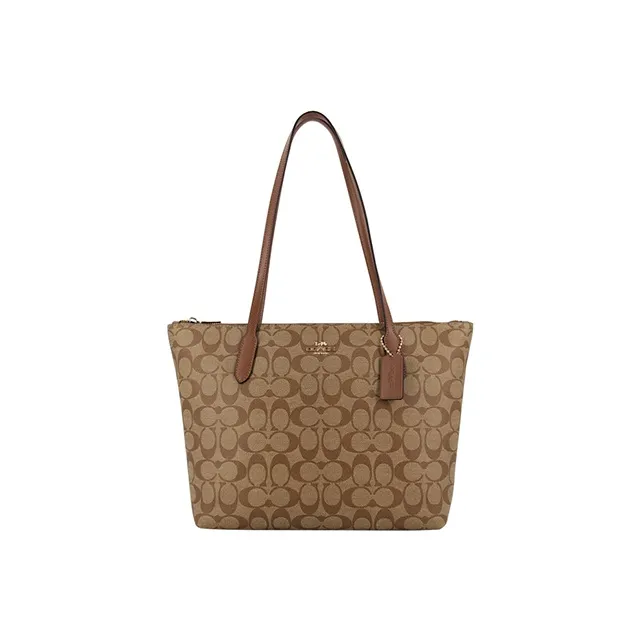COACH Zip Top Tote Canvas With Leather Tote Bag Shopping Bag Shoulder Bags Large Size Women's Brown Monogram-0