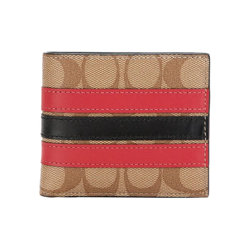 COACH Boxed Artificial Leather With Leather Keychain Wallet Gift Box Set Men's Red & Khaki-1