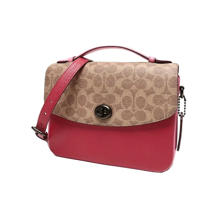 COACH Cassie Canvas With Leather Messenger Bag Handbag Shoulder Bag Crossbody Bag Medium Size Women's Brown Yellow/Red-1