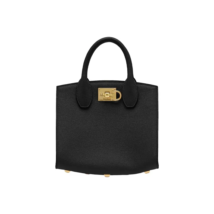 FERRAGAMO Studio Stamped Calfskin Handbag Women's Black-4