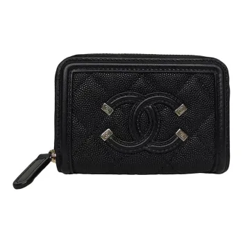 CHANEL Caviar Cow Leather Zip Closure Wallet Clutch Women's Black