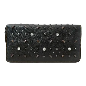 COACH Accordion Zip Cow Leather Wallet Women's Black