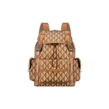 DIOR CD Diamond Nylon Jacquard Cow Leather Backpack Large Size Men's Coffee