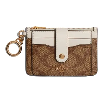 COACH Card Case Canvas Leather Card Holder Mini Women's Khaki Monogram Color & White