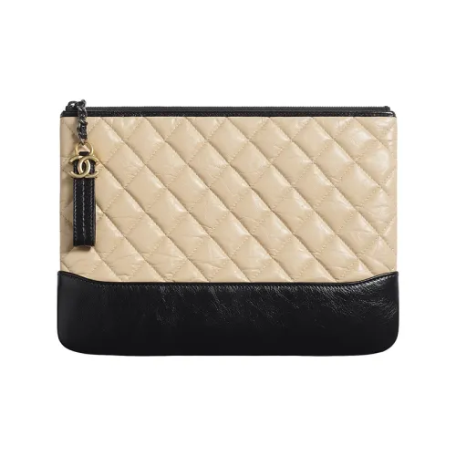 CHANEL Calfskin With Smooth Calfskin Clutch Women's Beige/Black