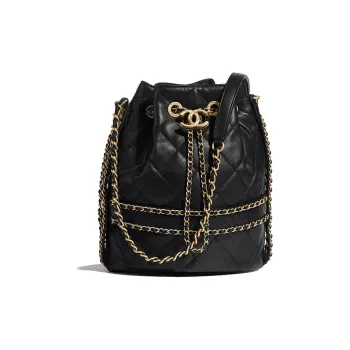 CHANEL Drawstring Sheepskin Drawstring Bag Bucket Bag Shoulder Bag Large Size Women's Black