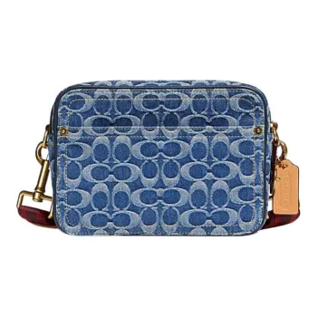 COACH Flight Denim Fabric Ripple Chambray Handbag Crossbody Bag Small Square Bag Shoulder Bag Women's Blue Monogram