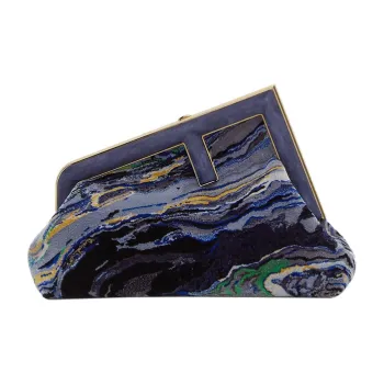 FENDI Fendi First Marble Pattern Fabric With Leather Shoulder Bag Crossbody Bag Small Size Women's Dark Blue