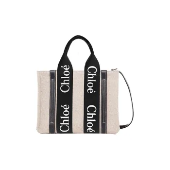 Chloe Woody Calfskin Tote Bag Shopping Bag Shoulder Bag Crossbody Bag Handbag Small Size Women's Black & Beige