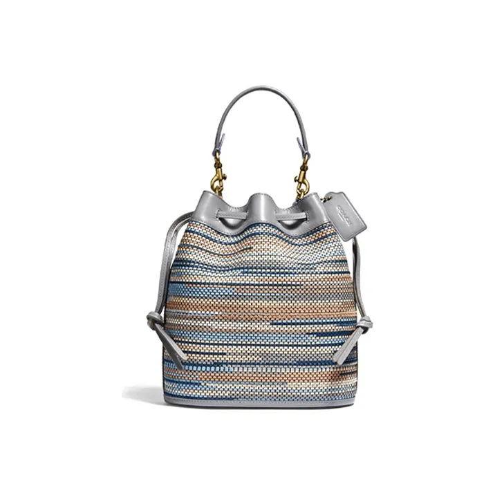 COACH Field Woven With Leather Portable One Shoulder Bucket Bag Women's Gray Blue Mixed Color-0