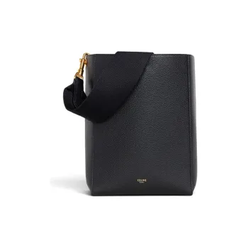 CELINE Sangle Cow Leather Bucket Bags Handbags Shoulder Bags Women's Black