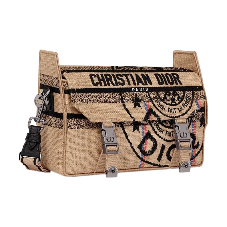 DIOR DiorCamp Jute Canvas Embroidery Canvas Bag Messenger Bag Shoulder Bag Crossbody Bag Small Size Unisex Beige-2