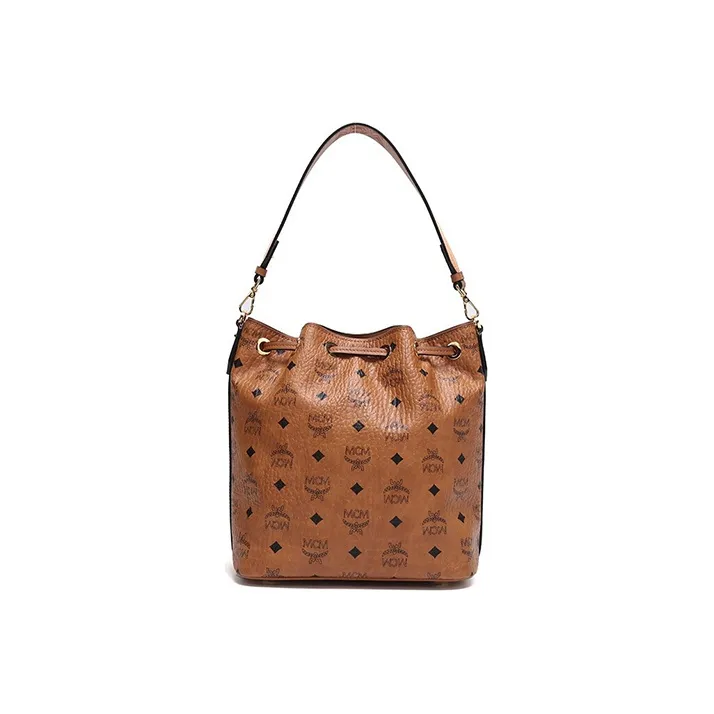 MCM Canvas Bucket Bag, Shoulder Bag, Crossbody Bag, Handbag Small Size Women's Brown Cognac-1